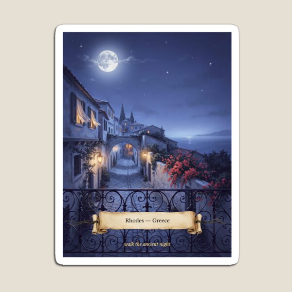 Item preview, Rhodes Moonlit Balcony Streetscape — Romantic Mediterranean Night Art designed and sold by stickercuffs.