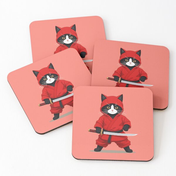 Item preview, Cute Red Ninja Cat Katana Samurai Tuxedo Kitten designed and sold by KungPowUnicorn.