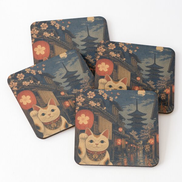Item preview, Lucky Maneki Neko in Full Moon Kyoto - Cherry Blossoms & Pagoda designed and sold by vekotpu.