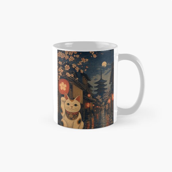 Item preview, Lucky Maneki Neko in Full Moon Kyoto - Cherry Blossoms & Pagoda designed and sold by vekotpu.
