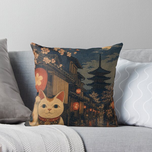 Item preview, Lucky Maneki Neko in Full Moon Kyoto - Cherry Blossoms & Pagoda designed and sold by vekotpu.