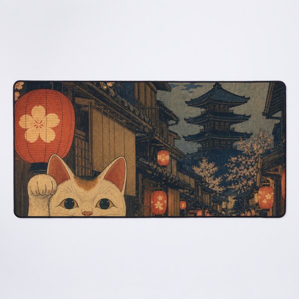 Item preview, Lucky Maneki Neko in Full Moon Kyoto - Cherry Blossoms & Pagoda designed and sold by vekotpu.