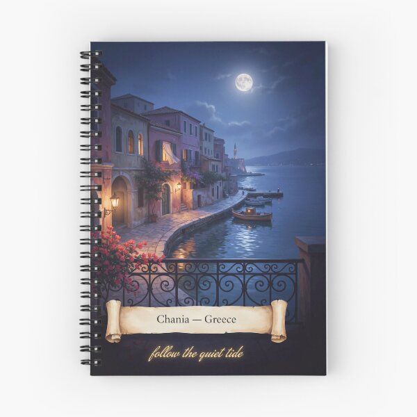 Artikelvorschau, Chania – Mondbeschienene Balkonlandschaft bei Nacht – Romantische mediterrane Nachtkunst entworfen und verkauft von stickercuffs.