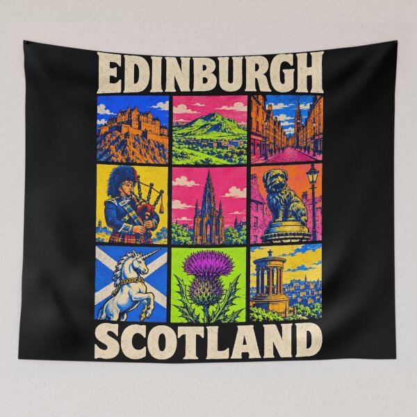 Item preview, Edinburgh Scotland Retro Travel Castle Arthur's Seat Royal Mile Highland Unicorn Illustration designed and sold by Yellowriversss.