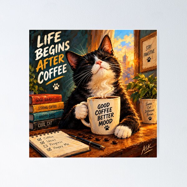 Item preview, Black Cat Coffee Art – Funny Cat Lover Gift, Coffee Lover Wall Art, Good Coffee Better Mood designed and sold by AbstractAuraArt.