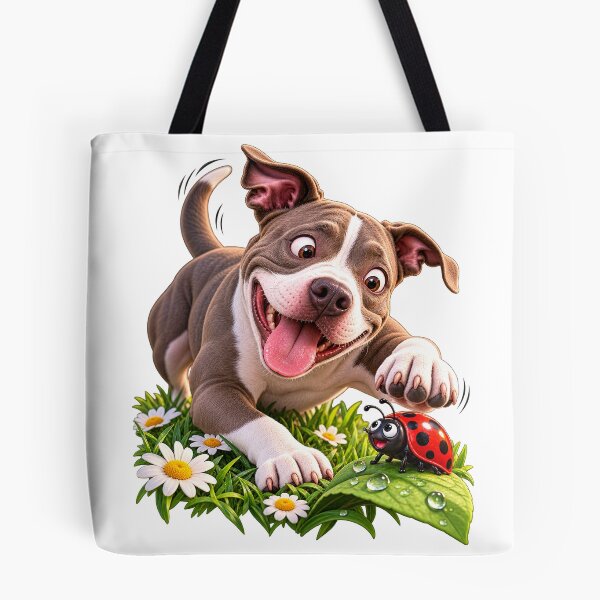 Item preview, Happy Puppy — Playful PitBull Dog Graphic with Daisies & Ladybug designed and sold by PitBullVibes.com.