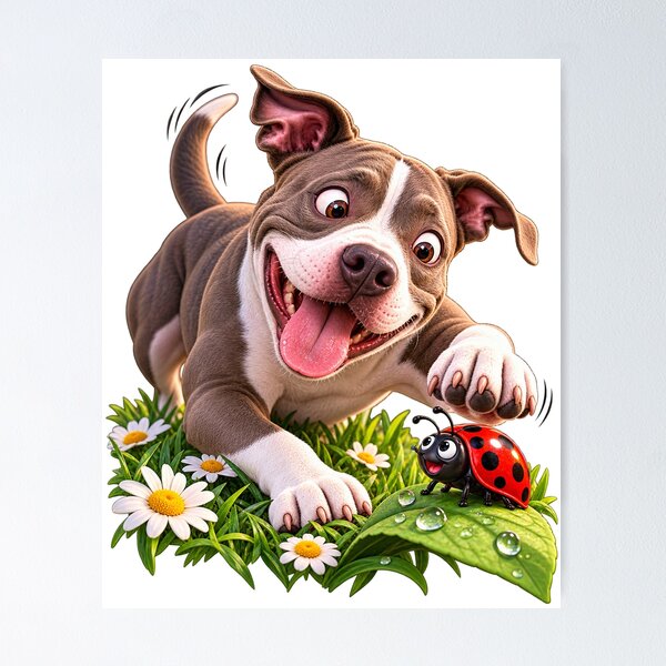 Item preview, Happy Puppy — Playful PitBull Dog Graphic with Daisies & Ladybug designed and sold by PitBullVibes.com.