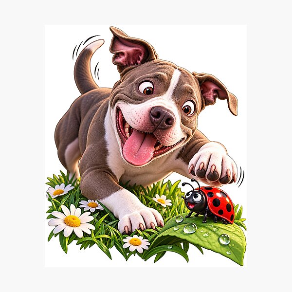 Item preview, Happy Puppy — Playful PitBull Dog Graphic with Daisies & Ladybug designed and sold by PitBullVibes.com.