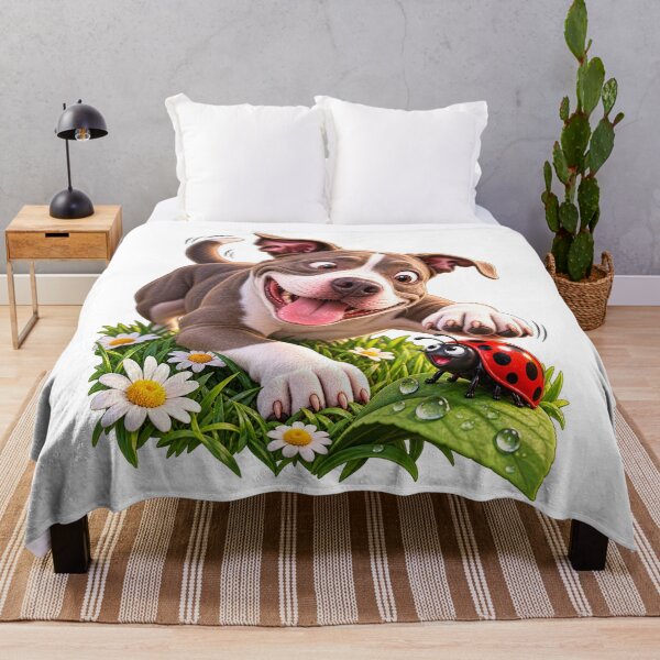 Item preview, Cachorro feliz: dibujo de un perro Pitbull juguetón con margaritas y una mariquita. designed and sold by PitBullVibes.com.