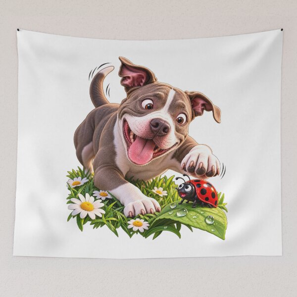 Item preview, Happy Puppy — Playful PitBull Dog Graphic with Daisies & Ladybug designed and sold by PitBullVibes.com.