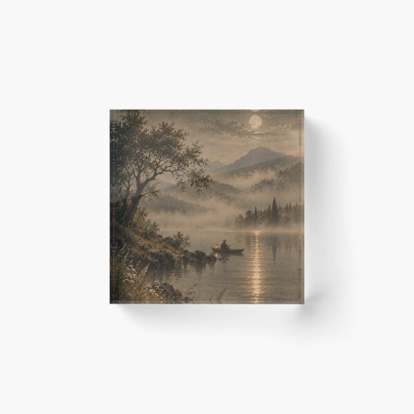 Item preview, Moonlit Lake Oil Painting Misty Mountain Fisherman Nocturne designed and sold by Jozefin's Studio.