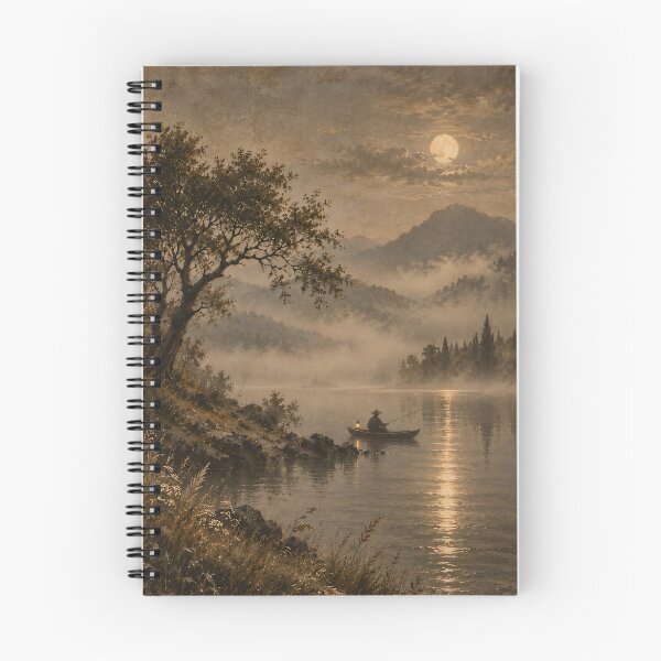 Item preview, Moonlit Lake Oil Painting Misty Mountain Fisherman Nocturne designed and sold by Jozefin's Studio.