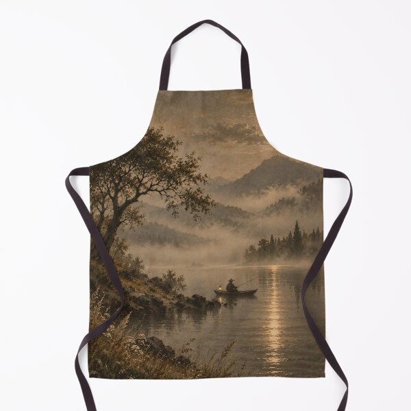Item preview, Moonlit Lake Oil Painting Misty Mountain Fisherman Nocturne designed and sold by Jozefin's Studio.