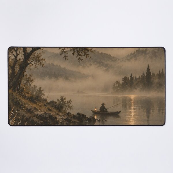 Item preview, Moonlit Lake Oil Painting Misty Mountain Fisherman Nocturne designed and sold by Jozefin's Studio.