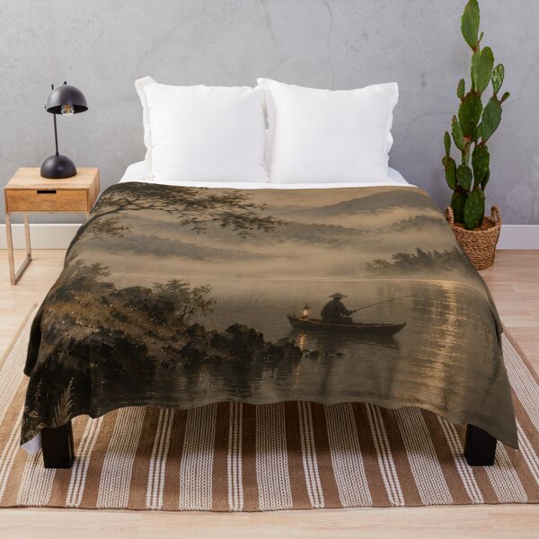 Item preview, Moonlit Lake Oil Painting Misty Mountain Fisherman Nocturne designed and sold by Jozefin's Studio.