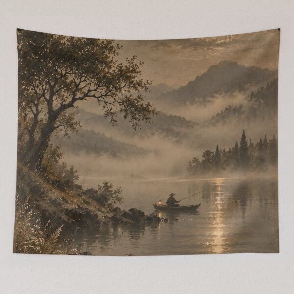 Item preview, Moonlit Lake Oil Painting Misty Mountain Fisherman Nocturne designed and sold by Jozefin's Studio.