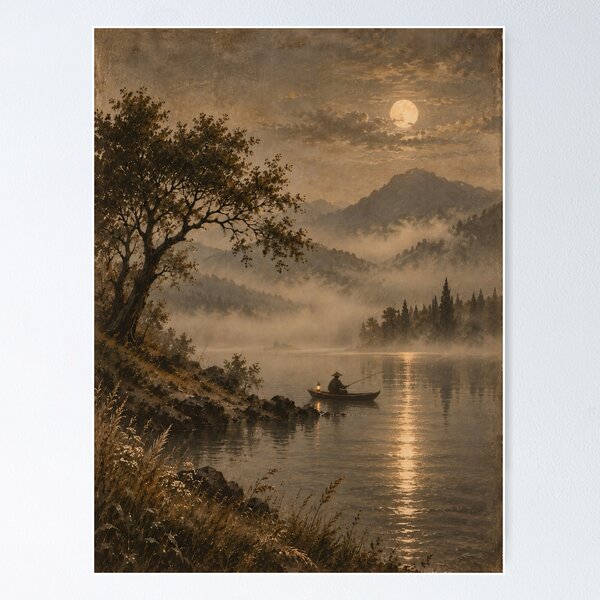 Item preview, Moonlit Lake Oil Painting Misty Mountain Fisherman Nocturne designed and sold by Jozefin's Studio.