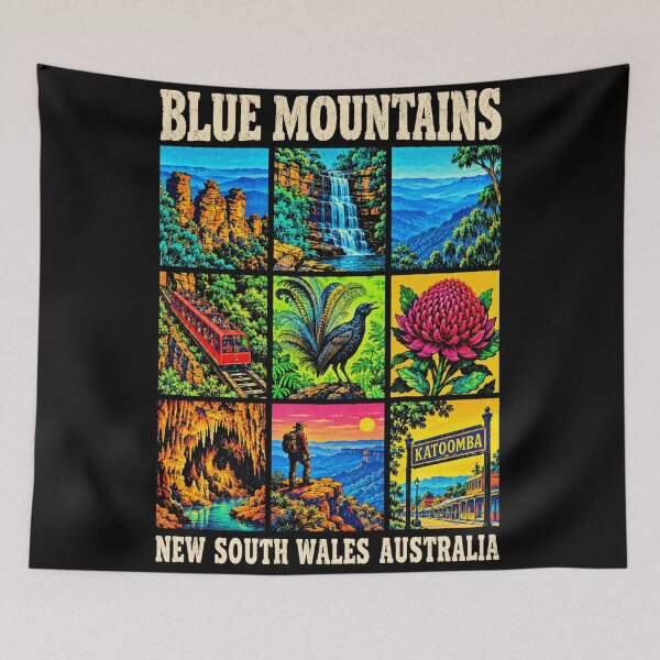 Item preview, Blue Mountains Australia Retro Travel Three Sisters Katoomba Waratah Lyrebird New South Wales designed and sold by Yellowriversss.