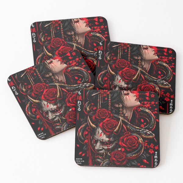 Item preview, Toxic Love Japanese Dark Romance Art – Red Roses, Snake & Oni Mask | GCR1 designed and sold by GCR1.