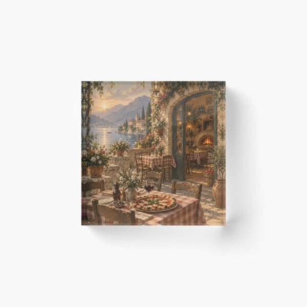 Item preview, Italian Lakeside Oil Painting Sunset Trattoria Terrace "La Dolce Vita" designed and sold by Jozefin's Studio.