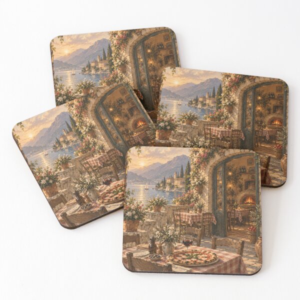 Item preview, Italian Lakeside Oil Painting Sunset Trattoria Terrace "La Dolce Vita" designed and sold by Jozefin's Studio.