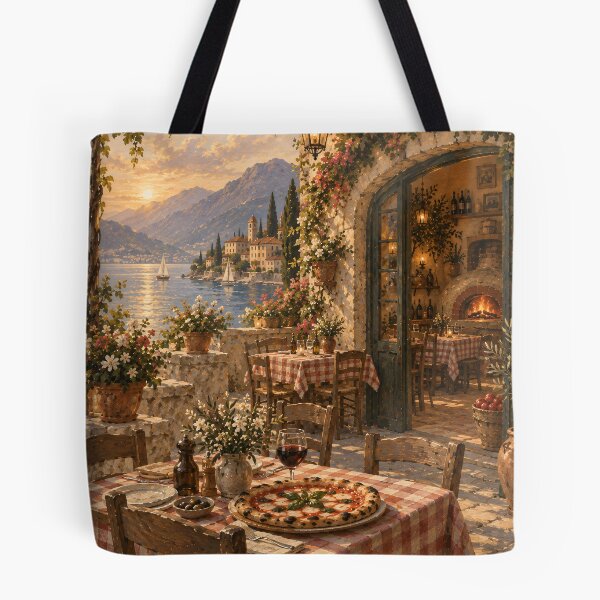 Item preview, Italian Lakeside Oil Painting Sunset Trattoria Terrace "La Dolce Vita" designed and sold by Jozefin's Studio.