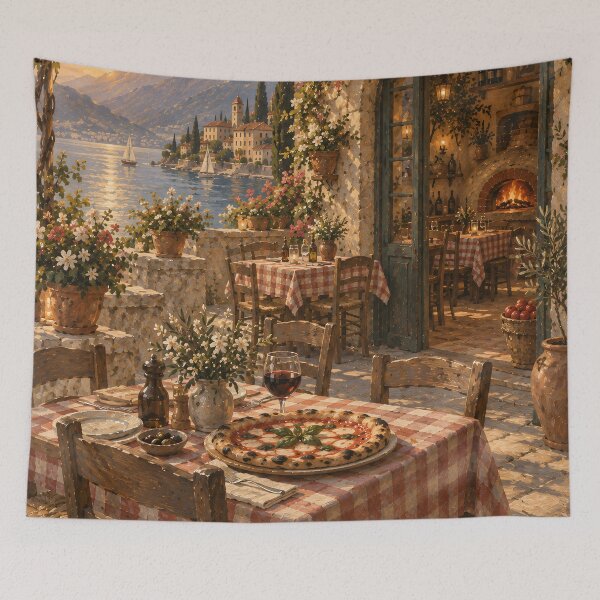 Item preview, Italian Lakeside Oil Painting Sunset Trattoria Terrace "La Dolce Vita" designed and sold by Jozefin's Studio.