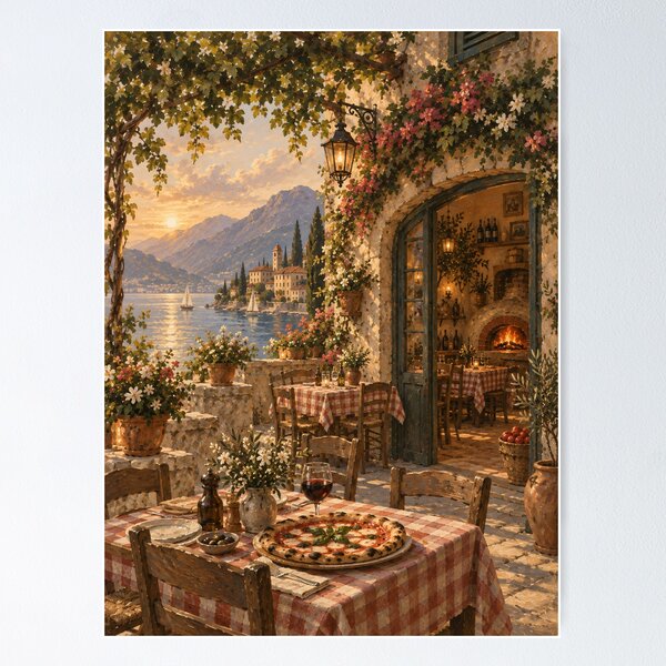 Item preview, Italian Lakeside Oil Painting Sunset Trattoria Terrace "La Dolce Vita" designed and sold by Jozefin's Studio.