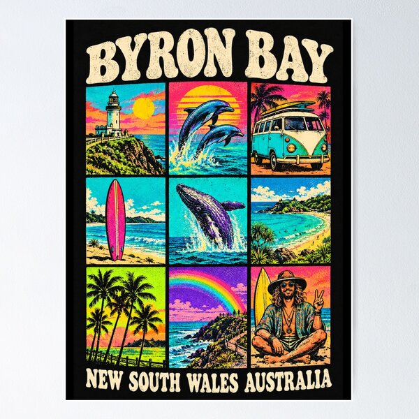 Item preview, Byron Bay New South Wales Retro Travel Lighthouse Surf Dolphins Whale Australia designed and sold by Yellowriversss.
