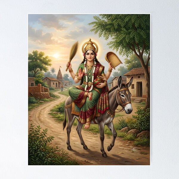 Item preview, Sheetla Mata Riding Donkey Devotional Art designed and sold by hutofdesigns.