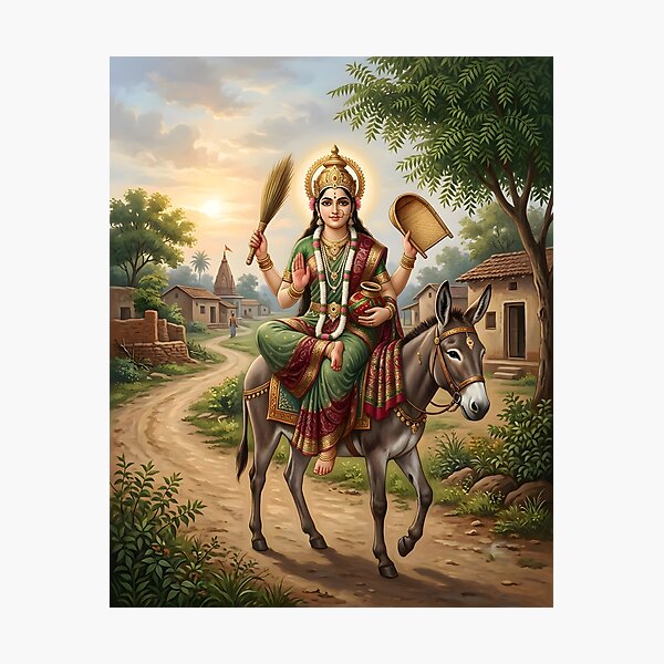 Item preview, Sheetla Mata Riding Donkey Devotional Art designed and sold by hutofdesigns.