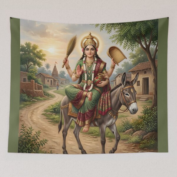 Item preview, Sheetla Mata Riding Donkey Devotional Art designed and sold by hutofdesigns.