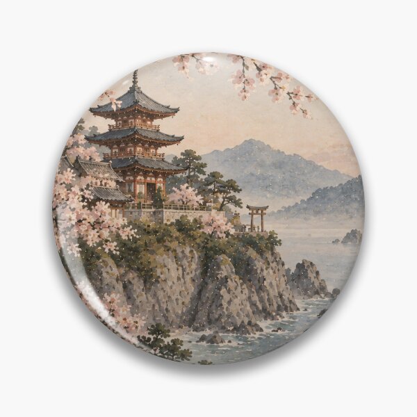 Item preview, Japanese Watercolor Landscape Cherry Blossom Pagoda Coastal designed and sold by Jozefin's Studio.