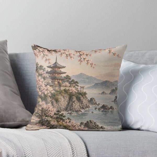 Item preview, Japanese Watercolor Landscape Cherry Blossom Pagoda Coastal designed and sold by Jozefin's Studio.