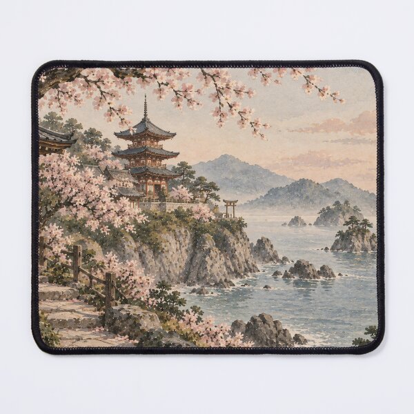 Item preview, Japanese Watercolor Landscape Cherry Blossom Pagoda Coastal designed and sold by Jozefin's Studio.