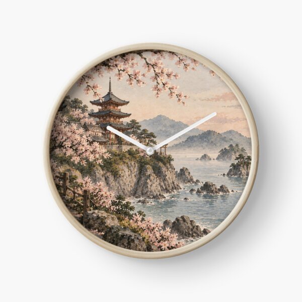 Item preview, Japanese Watercolor Landscape Cherry Blossom Pagoda Coastal designed and sold by Jozefin's Studio.