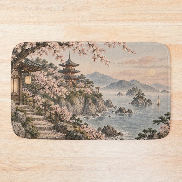 Item preview, Japanese Watercolor Landscape Cherry Blossom Pagoda Coastal designed and sold by Jozefin's Studio.
