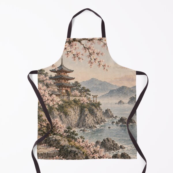 Item preview, Japanese Watercolor Landscape Cherry Blossom Pagoda Coastal designed and sold by Jozefin's Studio.