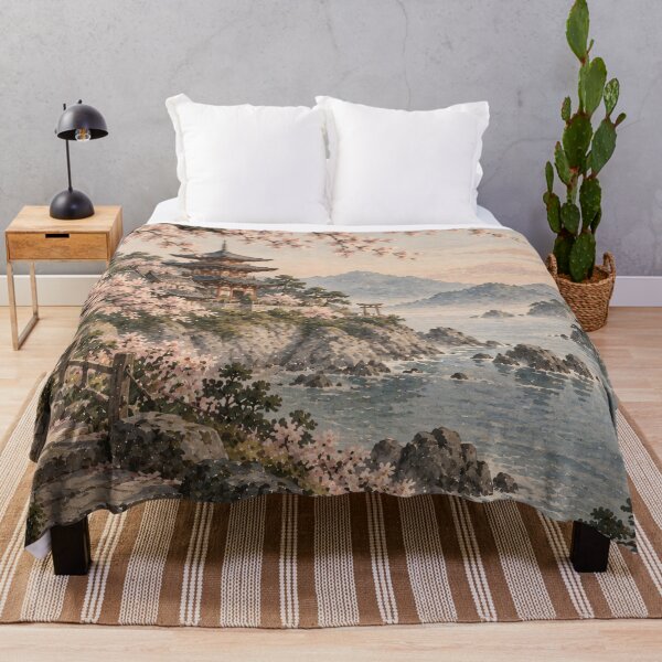 Item preview, Japanese Watercolor Landscape Cherry Blossom Pagoda Coastal designed and sold by Jozefin's Studio.