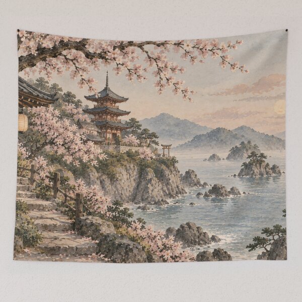 Item preview, Japanese Watercolor Landscape Cherry Blossom Pagoda Coastal designed and sold by Jozefin's Studio.