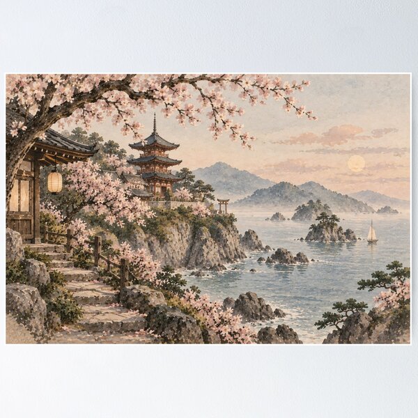 Item preview, Japanese Watercolor Landscape Cherry Blossom Pagoda Coastal designed and sold by Jozefin's Studio.