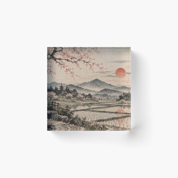 Item preview, Japanese Landscape Watercolour Cherry Blossom Sunset Painting designed and sold by Jozefin's Studio.