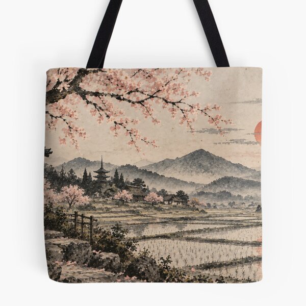 Item preview, Japanese Landscape Watercolour Cherry Blossom Sunset Painting designed and sold by Jozefin's Studio.