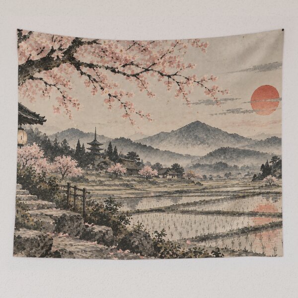 Item preview, Japanese Landscape Watercolour Cherry Blossom Sunset Painting designed and sold by Jozefin's Studio.