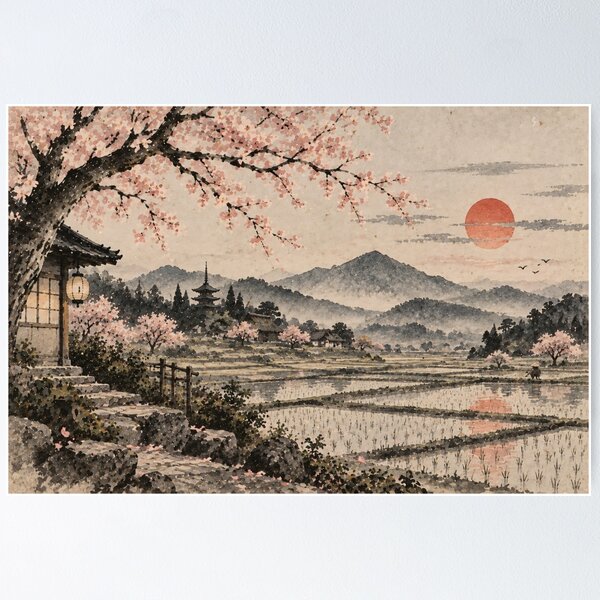 Item preview, Japanese Landscape Watercolour Cherry Blossom Sunset Painting designed and sold by Jozefin's Studio.