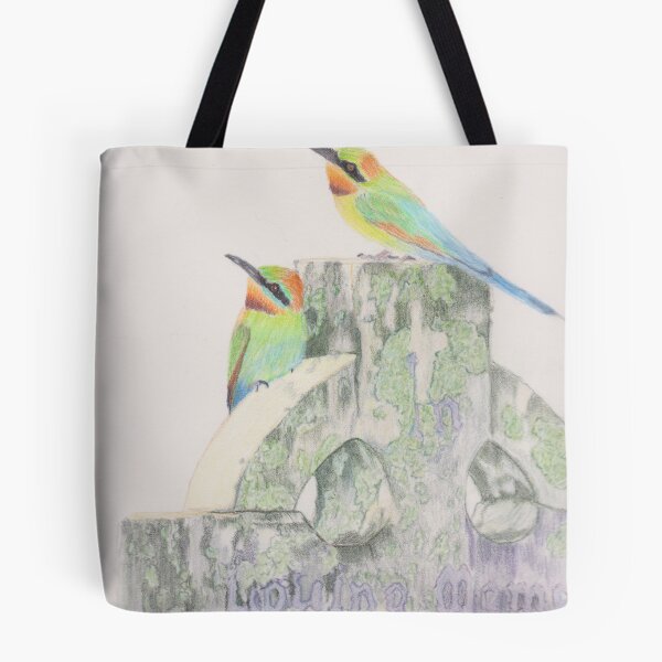 Item preview, Two Rainbow Beeaters blending nicely on the mossy headstone designed and sold by SandraAnimalArt.