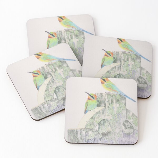 Item preview, Two Rainbow Beeaters blending nicely on the mossy headstone designed and sold by SandraAnimalArt.