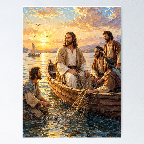 Item preview, Jesus Miraculous Catch of Fish Oil Painting Wall Art designed and sold by JesusPhotoArt.