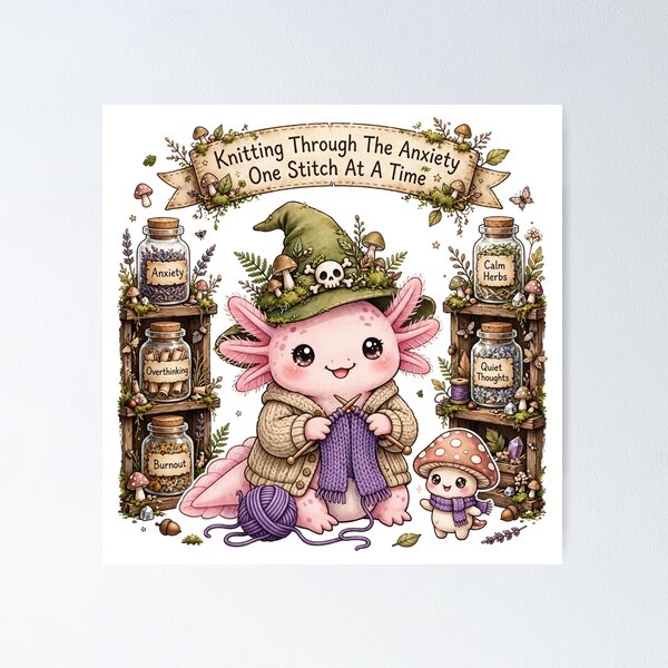 Item preview, Knitting Through The Anxiety Axolotl Witch designed and sold by DesignbyKarma.