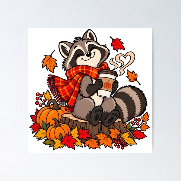Item preview, Cozy Autumn Raccoon with Pumpkin Spice Coffee designed and sold by Sed94.